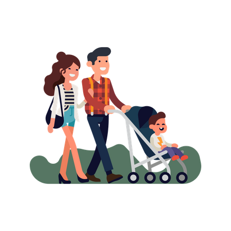 Retrato de pais adultos caucasianos felizes caminhando juntos carregando o bebê no carrinho  Illustration