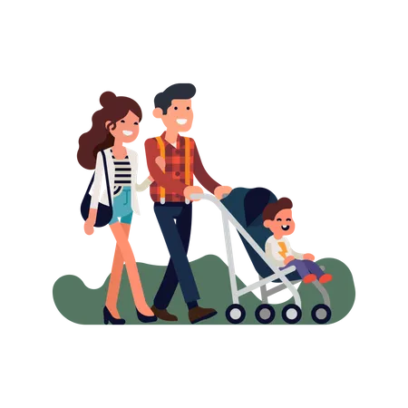 Retrato de pais adultos caucasianos felizes caminhando juntos carregando o bebê no carrinho  Illustration