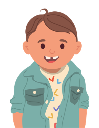 Retrato de un lindo niño en edad preescolar con dientes sonriente, sintiéndose bien y satisfecho  Ilustración