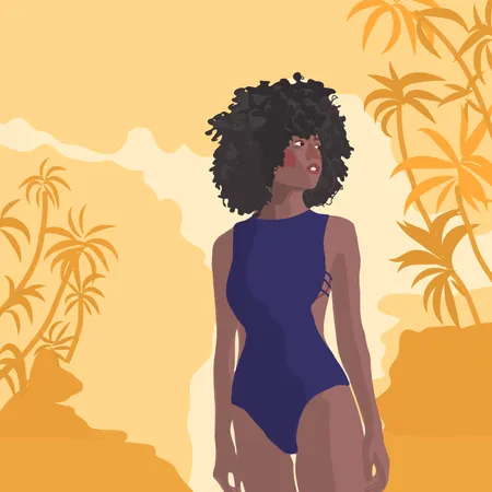 Estilo retrato garota moda de mulheres jovens com plantas tropicais  Ilustração