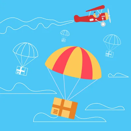 Red Retro Airplane Throw Off Parachutes With Parcel Boxes In Blue Sky Background With Outline Clouds Air Mail Express Delivery Cargo Service Transportation Shipping Package Flat Vector Illustration Illustration