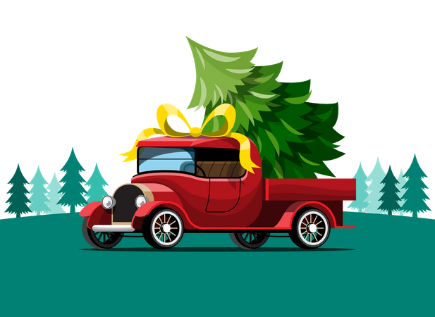 Retro Auto beladen mit Weihnachtsbaum  Illustration