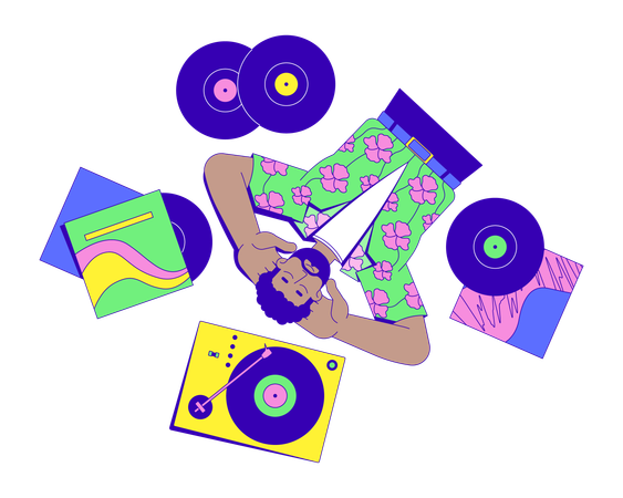 Retro black man listening to vinyl records on turntable  Illustration