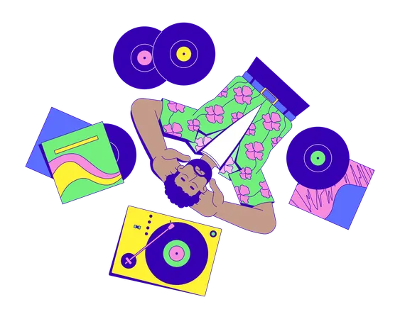 Retro black man listening to vinyl records on turntable  Illustration