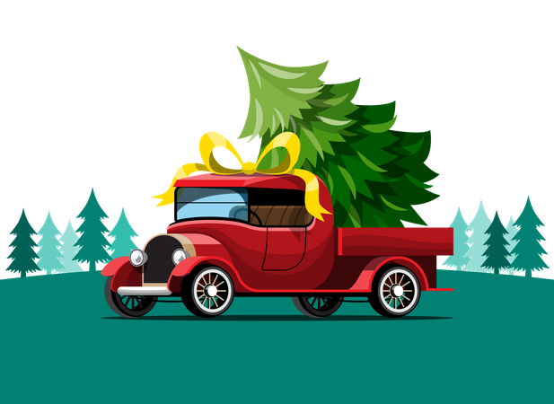 Retro Car loaded with Christmas tree Illustration