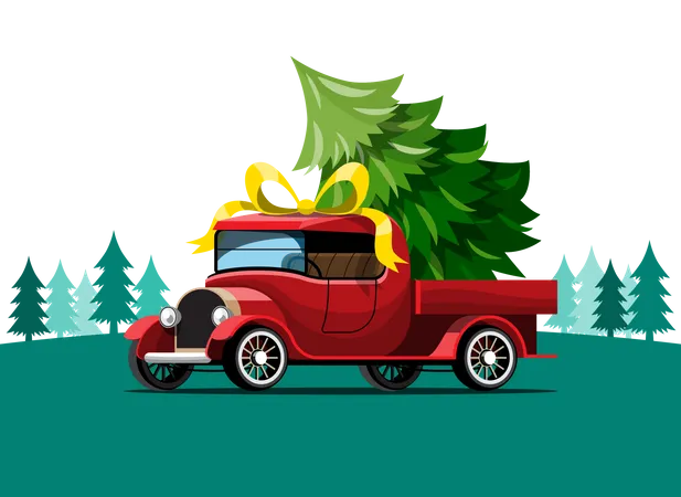 Retro Car loaded with Christmas tree  Illustration