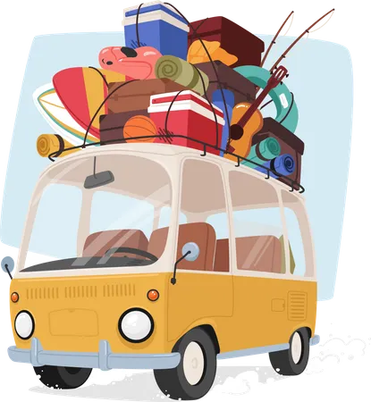 Retro Car With Luggage Atop Ready For Adventure Packed For Travel Roof Loaded With Bags Gear Concept Of Summer Travel Excitement For The Open Road Ahead Cartoon Vector Illustration Illustration