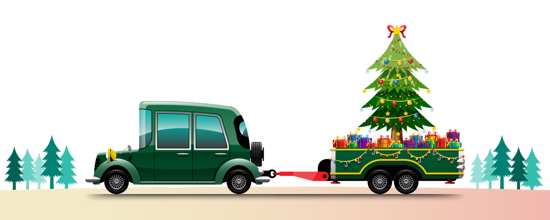 Retro pickup truck with Christmas tree  Illustration