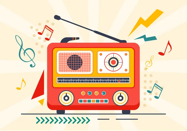 Retro Radio Vector Illustration With Player Style For Record Old Receiver Interviews Celebrity And Listening To Music In Flat Cartoon Background Illustration