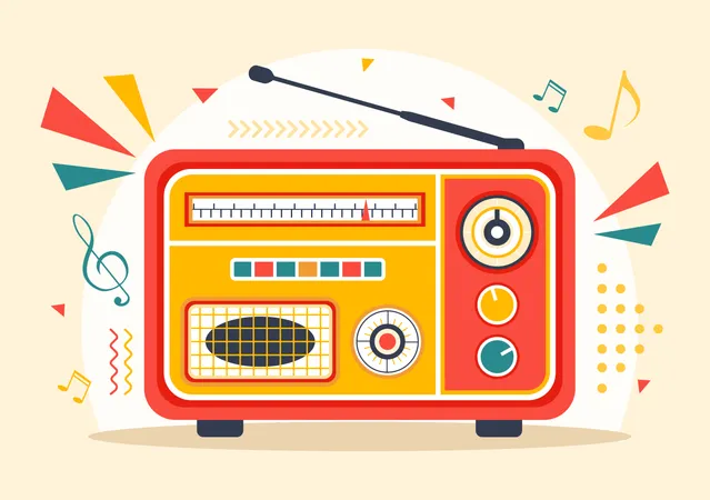 Retro Radio Vector Illustration With Player Style For Record Old Receiver Interviews Celebrity And Listening To Music In Flat Cartoon Background Illustration