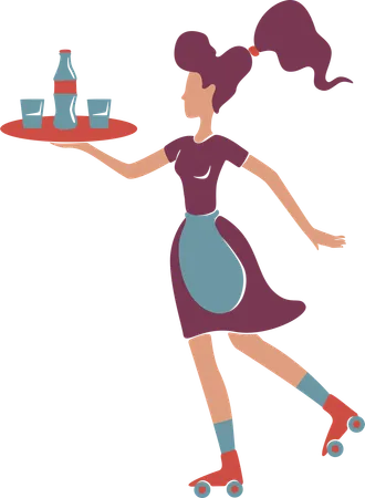 Retro style roller waitress serving  Illustration