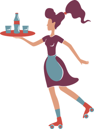 Retro style roller waitress serving  Illustration