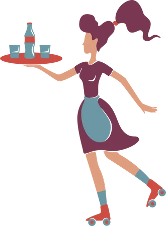 Retro style roller waitress serving  Illustration