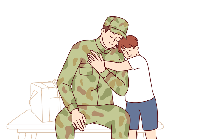 Return home of soldier who has served in army and is rejoicing at long-awaited meeting with son  イラスト