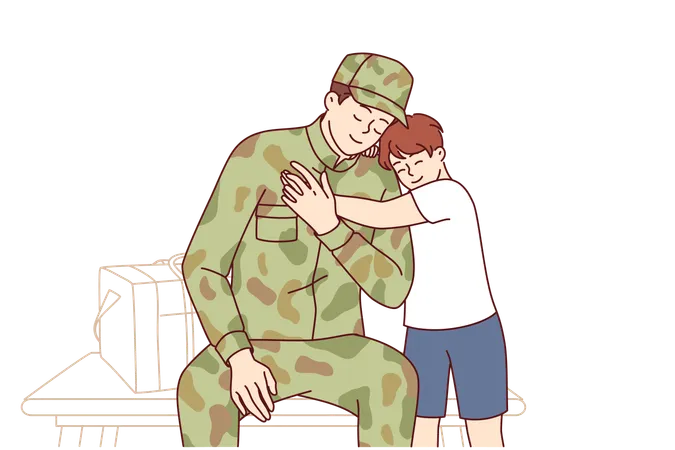 Return Home Of Soldier Who Served In Army And Is Rejoicing At Long Awaited Meeting With Son Loving Boy Meets Hero Father In Camouflage Clothes From Army Or Performing Dangerous Task In War Illustration