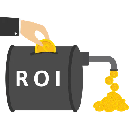 ROI Return On Investment Performance Measure From Cost Invested And Profit Efficiency High Risky And High Payback Businessman Invest Money Coin In ROI Box To Get Return Profit Illustration