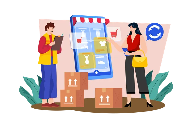 Returns and exchanges specialist assisting customers with returns and exchanges  Illustration