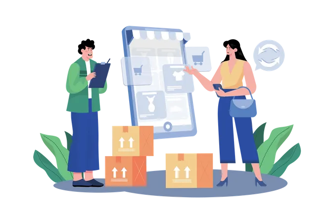Returns and exchanges specialist assisting customers with returns and exchanges  Illustration
