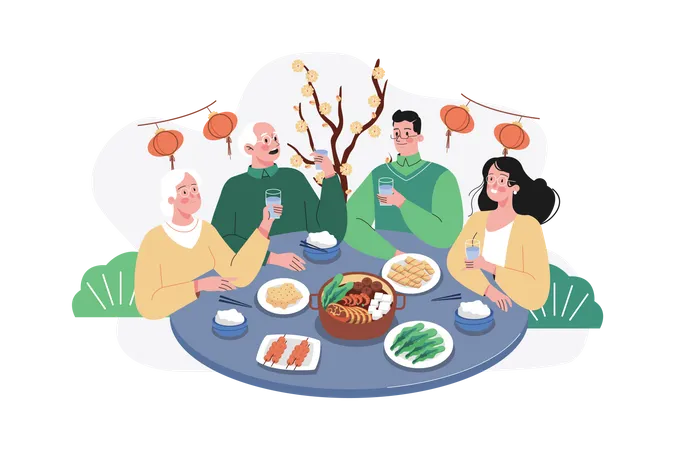 Família asiática reunida para jantar de ano novo chinês  Ilustração