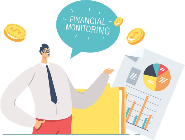 Reunião de negócios apontando para gráficos de monitoramento financeiro  Ilustração