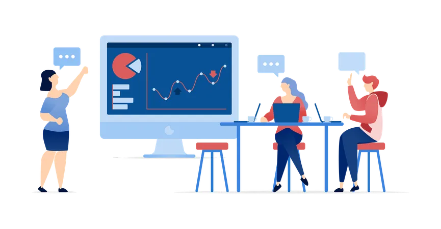 Discussão de reunião de negócios na mesa com pessoas analisando gráficos corporativos ou da empresa  Ilustração