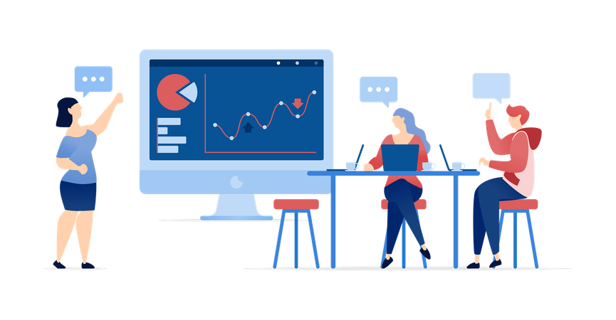 Discussion lors d'une réunion d'affaires au bureau avec des personnes analysant les graphiques de l'entreprise ou de l'entreprise  Illustration