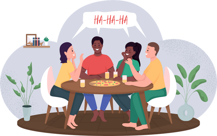 Amigos reunidos durante una fiesta de pizza  Ilustración