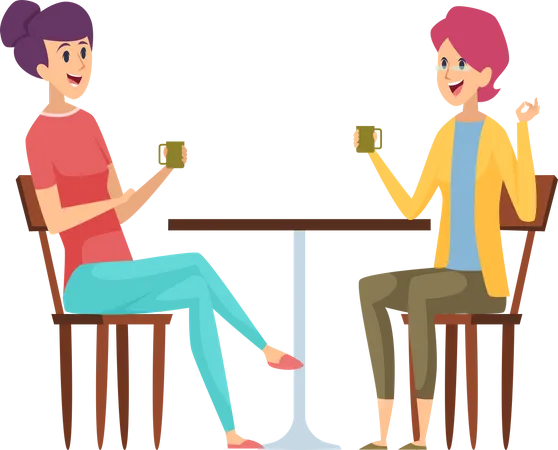 Chicas reunidas en el cafe  Ilustración