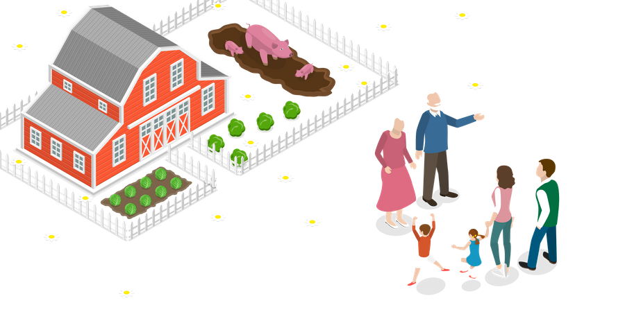 Réunion de famille, visite aux grands-parents dans une maison de campagne  Illustration