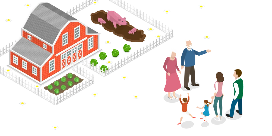 Réunion de famille, visite aux grands-parents dans une maison de campagne  Illustration