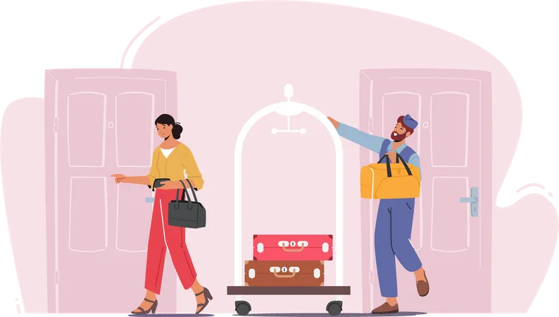 Réunion du personnel de l'hôtel invité dans le hall transportant des bagages par chariot  Illustration