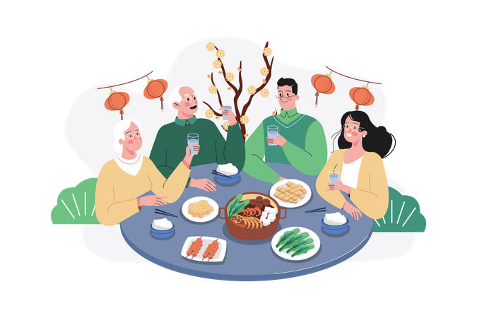 Familia asiática reunida para la cena del año nuevo chino  Ilustración