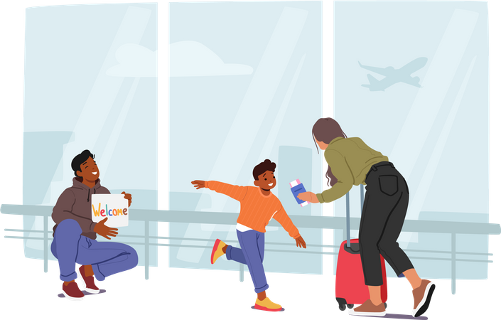 Père et fils rencontrant leur mère à l'aéroport  Illustration