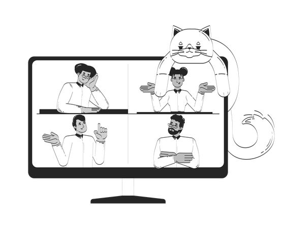 Reunión virtual con un gato juguetón descansando frente a la computadora  Ilustración