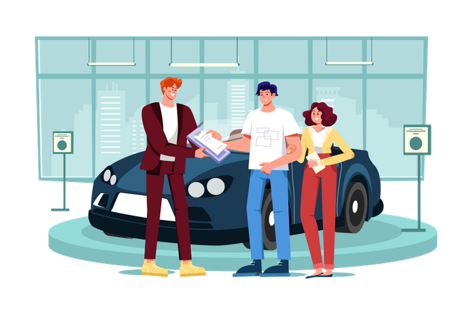 Revendedor de automóveis explicando contrato de venda para casal comprando carro  Ilustração