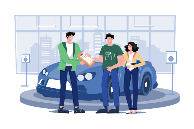 Revendedor de automóveis explicando contrato de venda para casal comprando carro  Ilustração