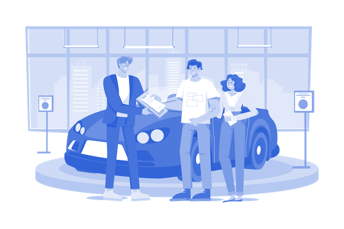Revendedor de automóveis explicando contrato de venda para casal comprando carro  Ilustração