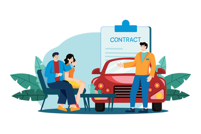 Revendedor de automóveis explicando o contrato de venda para um casal que compra um carro  Ilustração