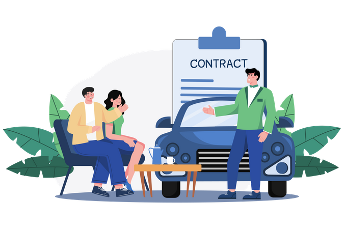 Revendedor de automóveis explicando o contrato de venda para um casal que compra um carro  Ilustração