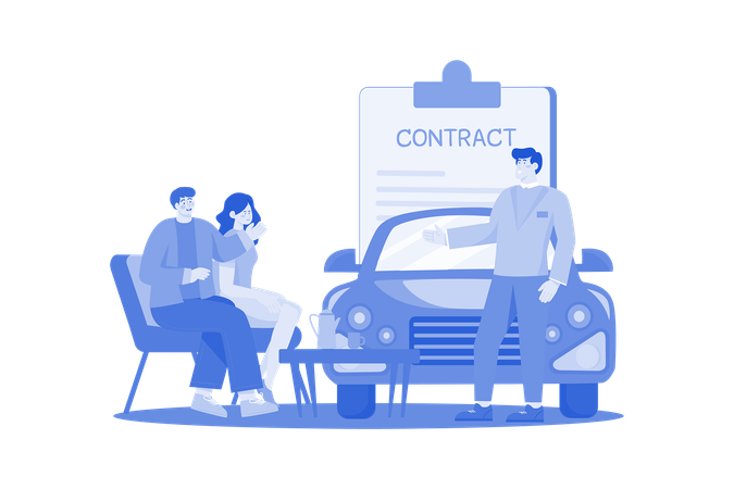 Revendedor de automóveis explicando o contrato de venda para um casal que compra um carro  Ilustração