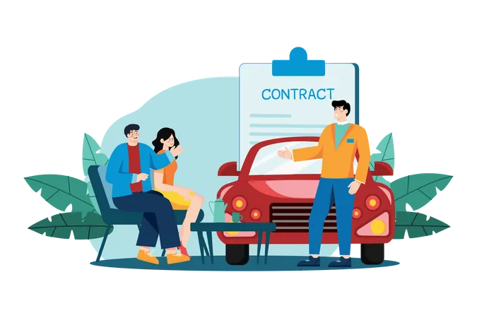 Revendedor de automóveis explicando o contrato de venda para um casal que compra um carro  Ilustração