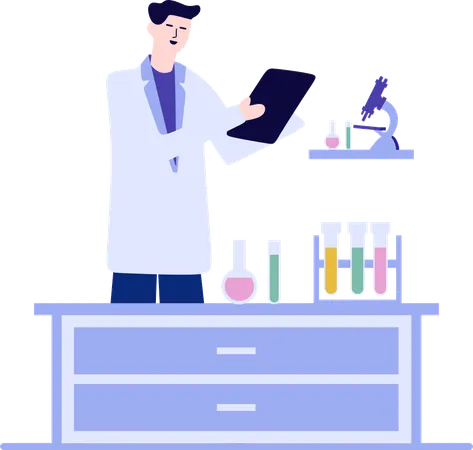 Revisão por pares de produtos químicos de laboratório feita por médico  Illustration