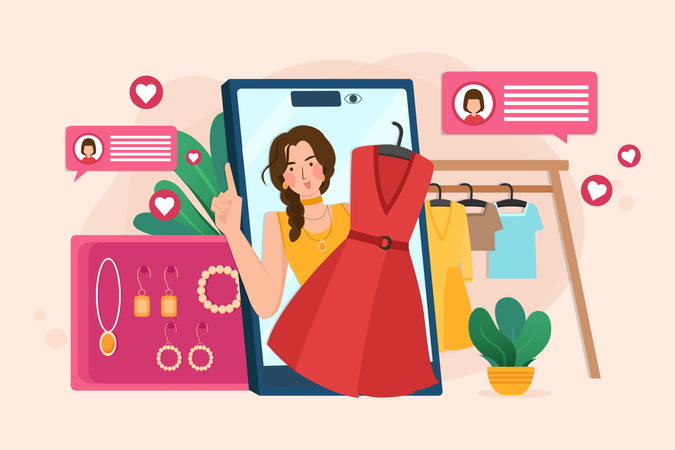 Revisión online de moda y orientación para compras online.  Ilustración