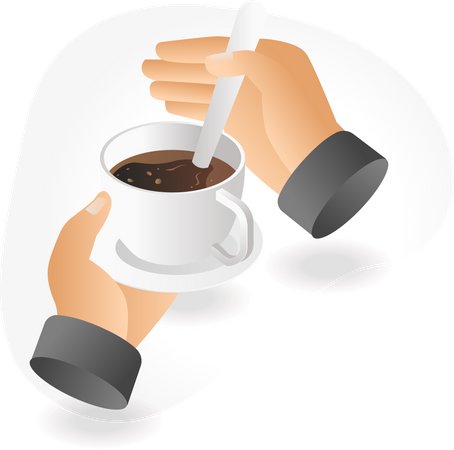 Revolviendo el café en la mano con una cuchara  Ilustración