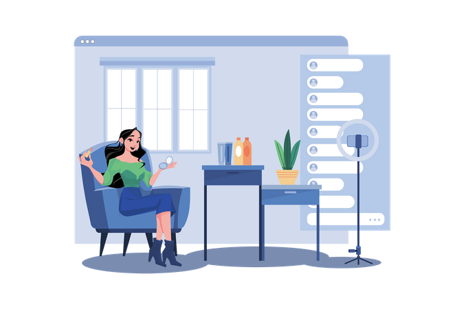 Une influenceuse évalue un produit de beauté en direct  Illustration