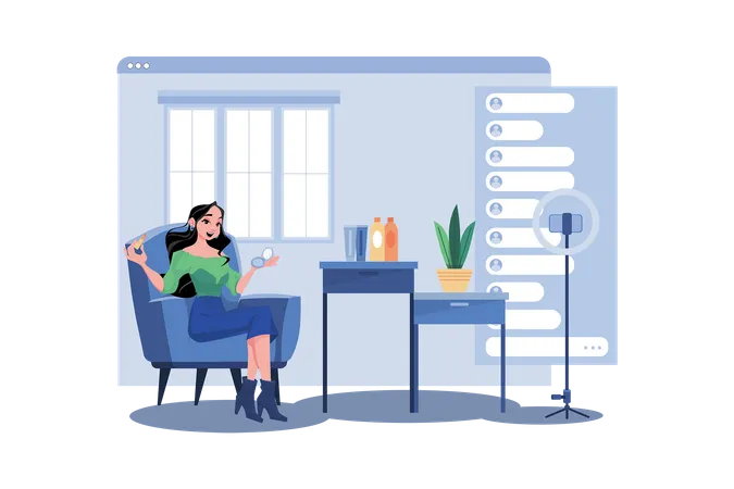 Une influenceuse évalue un produit de beauté en direct  Illustration