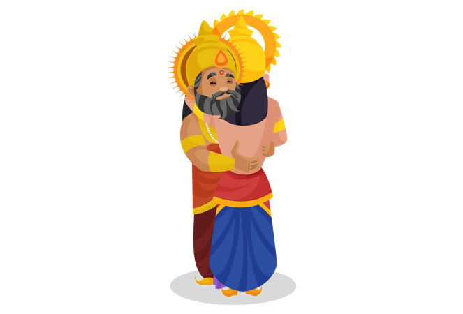 El rey Dhritarashtra abrazando a Duryodhana  Ilustración
