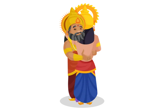 El rey Dhritarashtra abrazando a Duryodhana  Ilustración
