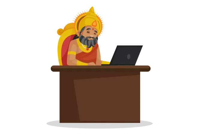 El rey Dhritarashtra trabajando en una computadora portátil  Ilustración