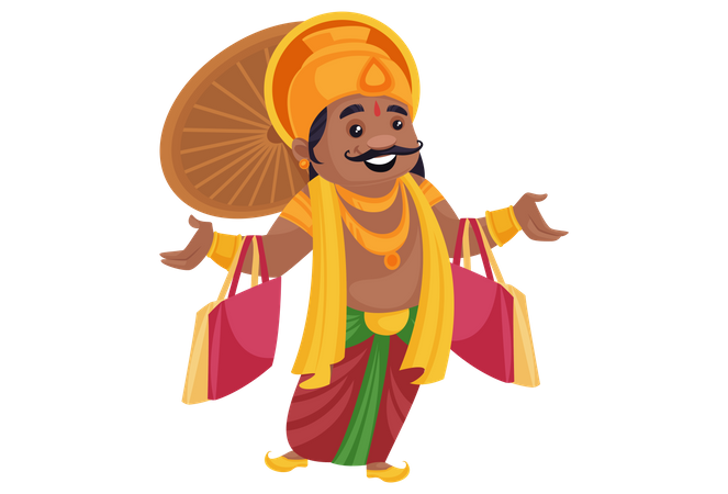 Rey Mahabali con bolsas de compras en las manos  Ilustración